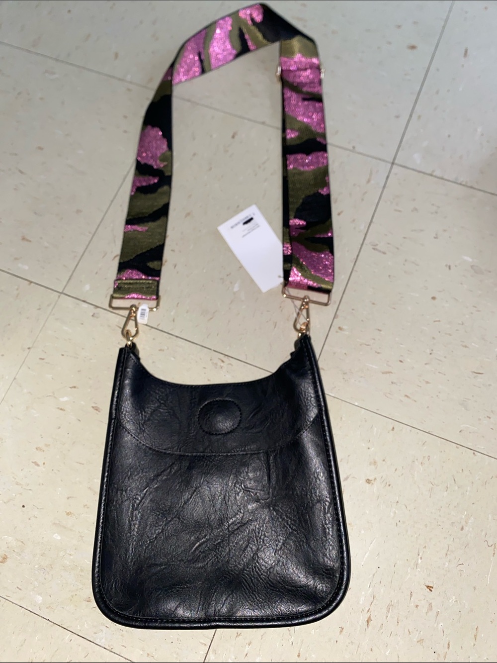 Women's Black Vegan  Leather Crossbody Bag with Pink Camo Strap AH DORNED NWT